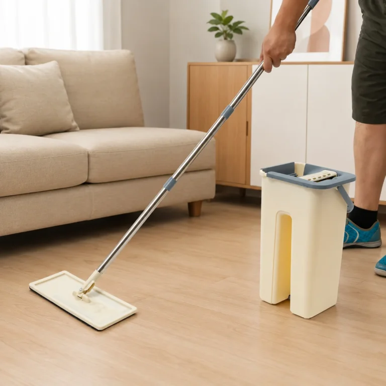 Flacher Wischmopp mit langem Griff, MoppEimerSet für die Bodenreinigung, freistehende Aufstellung, 360°drehbarer Moppkopf, Eimer aus ABSKunststoff, FaserWischpads, 10 Wischtücher 2