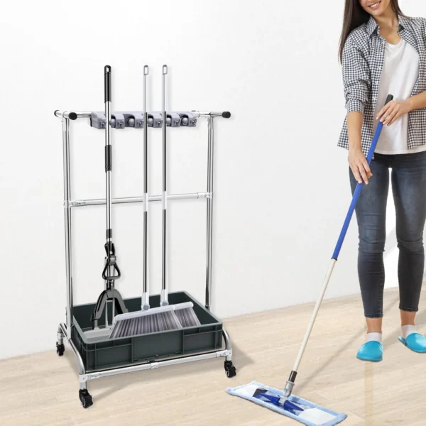 Beweglicher Bodenstehender Mopphalter Silberner Mobiler Reinigungswagen mit 4 Universalrädern Mopphaltergestell Mobiler Trolley ﻿