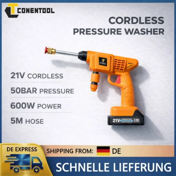 CONENTOOL 50Bar Kabelloser Hochdruckreiniger Tragbarer Reiniger 21V 600W mit Schaumkanne Filter 5M Schlauch für Auto- und Terrassenreinigung