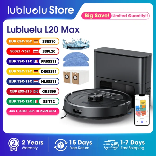 Lubluelu L20Max Selbstentleerender 3-in-1-Roboter-Staubsauger – 6000 Pa Saugleistung, LiDAR-Navigation, großer Staubbeutel, freihändig, 120 Minuten Laufzeit