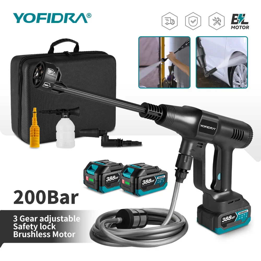 YOFIDRA 6IN1 200Bar Bürstenloser Hochdruck-Autowascher Wasserpistole Haushaltsreiniger Waschsprühpistole für Makita Akku