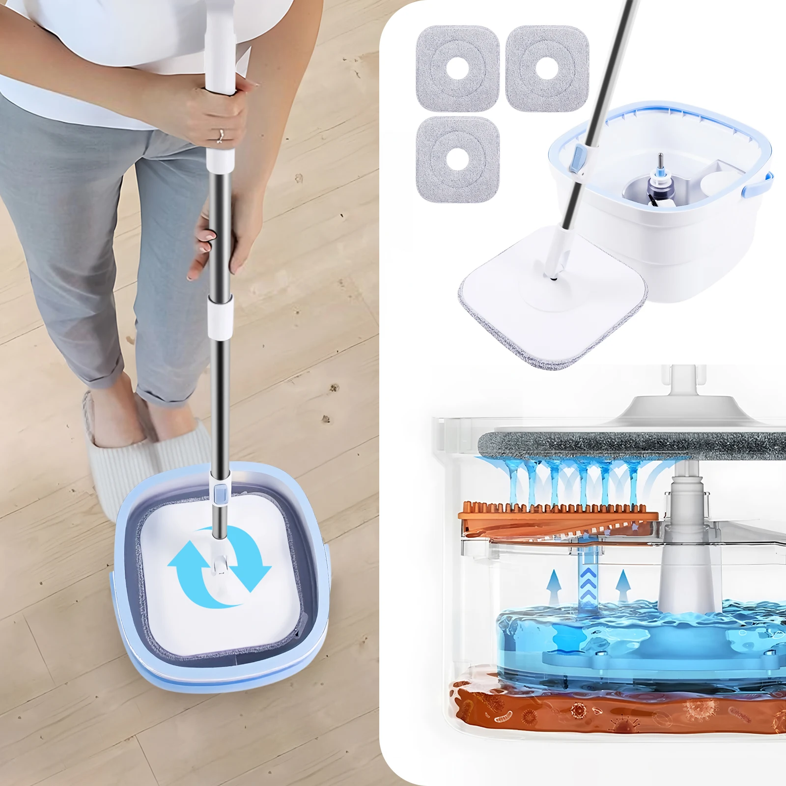 360 ° Rotierender quadratischer Mopp, Mopp- und Eimer-Sets, trennendes Schmutzwasser aus reinem Wasser zum Reinigen von Bodenbesen und Utensilien 360 ° Rotierender quadratischer Mopp, Mopp- und Eimer-Sets, trennendes Schmutzwasser aus reinem Wasser zum Reinigen von Bodenbesen und Utensilien