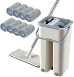 Flachmopp und Eimer Set mit 10 Wiederverwendbaren Mikrofaser-Pads -360 °   Rotations- und Doppelbehälter-Design, 50,3 Zoll ergonomischer Griff und Edelstahl