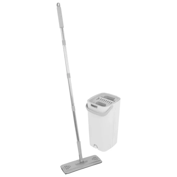 Flachmop und Eimer Set mit Edelstahlrahmen und Waschbaren Mikrofaser-Pads für Nass- und Trockenbodenreinigung von Fliesen, Holz und Teppich