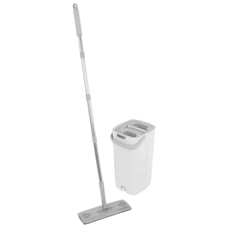 Flachmop und Eimer Set mit Edelstahlrahmen und Waschbaren Mikrofaser-Pads für Nass- und Trockenbodenreinigung von Fliesen, Holz und Teppich