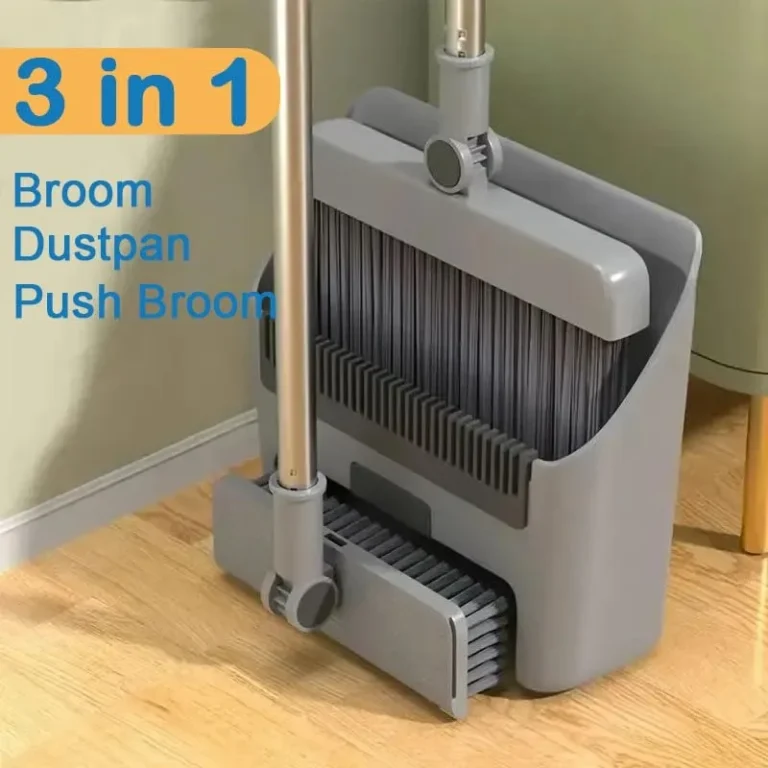 Multifunktionales 3-in-1-Bodenreinigungsset in Grau, Kombination aus Besen + Kehrschaufel + Handbodenbürste, Haushaltsreinigungsset, nur mit zwei langen Griffen für die Reinigung von Wohnungen, Büros und Innenräumen. 2