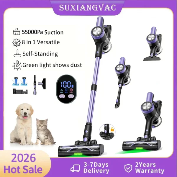 500W/55KPA Kabelloser Standstaubsauger, 60 Minuten Akkulaufzeit, Handstaubsauger mit Smart-LED-Display für Teppich/Tierhaare