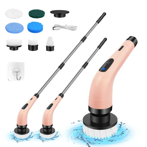 Elektrische Reinigungsbürste, Wasserdichte Badezimmer-Reinigungsbürste, Duschbürste mit Langem Griff & 2 Geschwindigkeiten, Kabellose Elektrische Reinigungsbürste mit 7 Austauschbaren Bürstenköpfen Schwarz (USB-Aufladung)