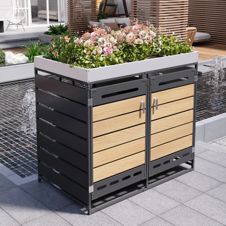 Gartenabfallbehälter, Abfallbehälter-Aufbewahrungseinheiten mit Blumenkästen, Metall-Gartenschränke, abschließbar, Holzmaserung-Finish