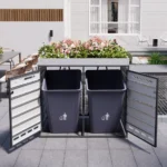 Gartenabfallbehälter, Abfallbehälter-Aufbewahrungseinheiten mit Blumenkästen, Metall-Gartenschränke, abschließbar, Holzmaserung-Finish 4