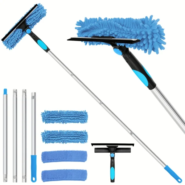 2-in-1-Schaber-Set zum Reinigen von hohen Fenstern (einschließlich 1 drehbarer Kopf und 4 austauschbaren Bürstenköpfen) (einschließlich Verlängerungsstange)