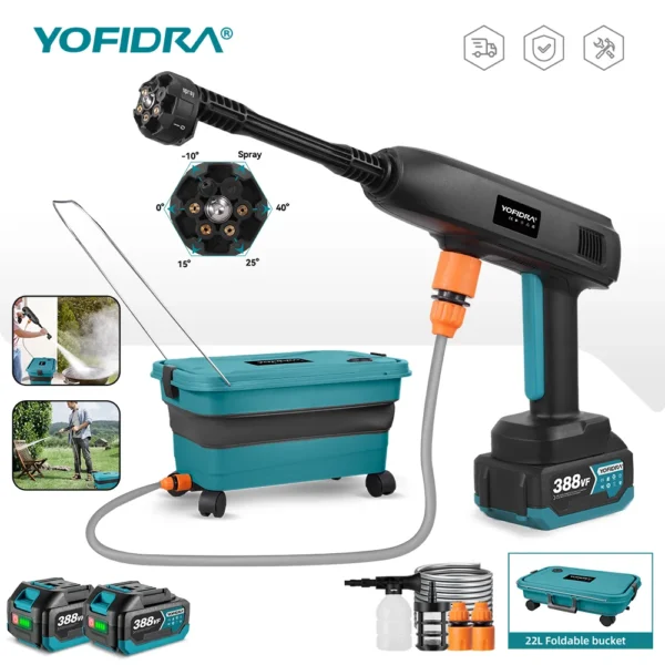 YOFIDRA 6-in-1 Hochdruck-Elektro-Wasserspritzpistole, Auto- und Gartenreinigungsgerät mit 22L faltbarem Wassereimer für Makita-Akkus