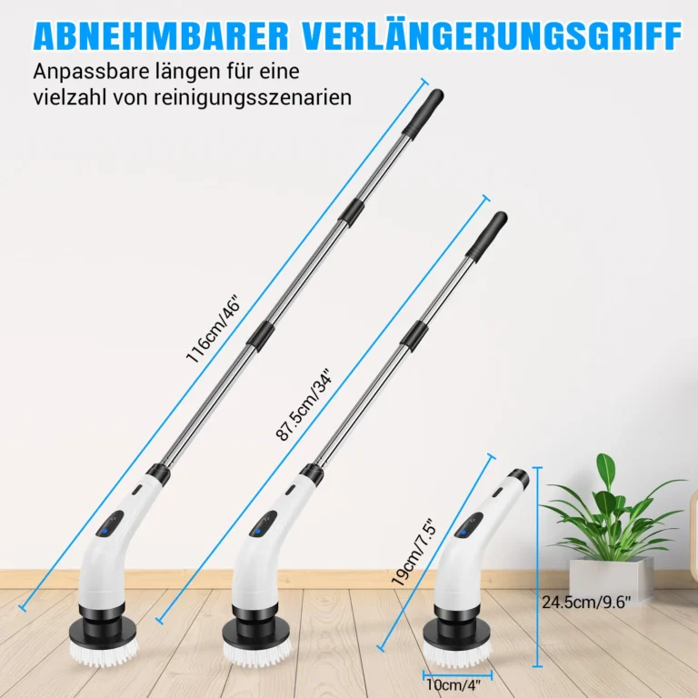 BRIEFNESS Kabellose elektrische Reinigungsbürste, wasserdicht, rotierend, 2 Geschwindigkeiten, Teleskopstiel, 7 auswechselbare Bürstenköpfe, 300/400 U/min, für Bad, Fliesen, Boden, Auto, schwarz, USB-Ladung 2