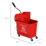 20 L Mopp-Eimer mit Auswringer und Griff, Wischmopp-Eimer auf Rädern, Kunststoff, Rot 3