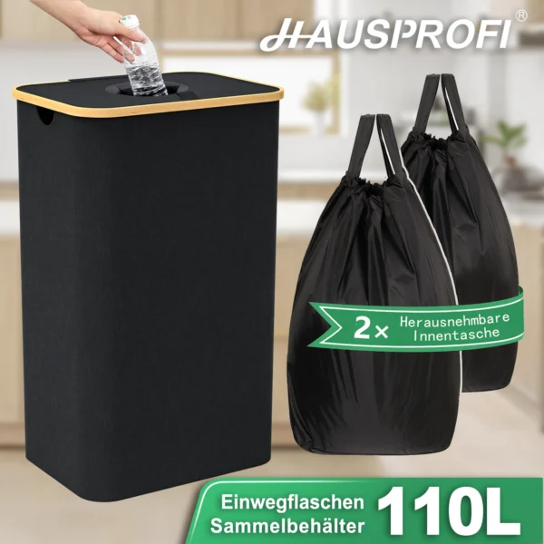 110L/160L Faltbarer Flaschenrecycling-Behälter mit Bambusdeckel, Wäschekorb für Schmutzwäsche, Geruchsdicht, Waschbarer Oxford-Beutel