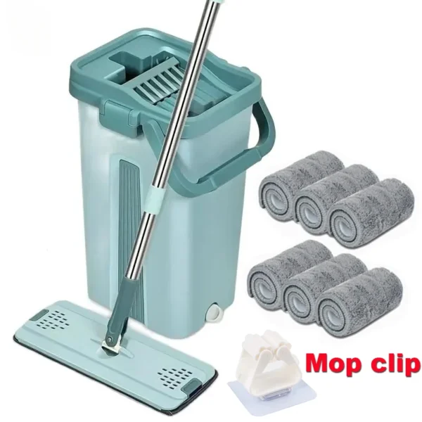 Flacher Quetschmopp mit Eimer, freihändig schwenkbarer Bodenreinigungsmopp, Mikrofaser-Wischpads, Nass- oder Trockengebrauch auf Hartholzlaminat