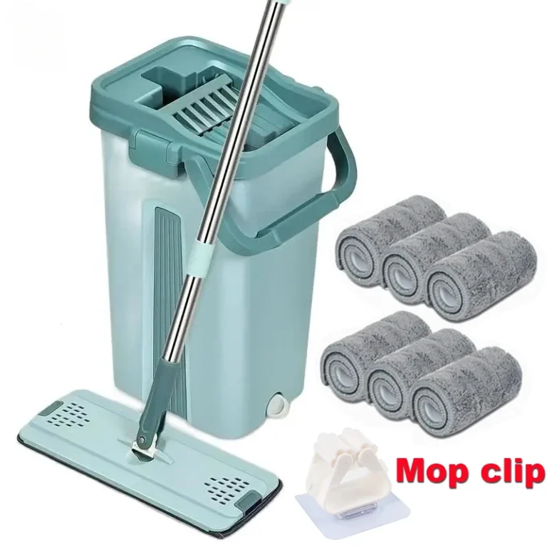 Flacher Quetschmopp mit Eimer, freihändig schwenkbarer Bodenreinigungsmopp, Mikrofaser-Wischpads, Nass- oder Trockengebrauch auf Hartholzlaminat