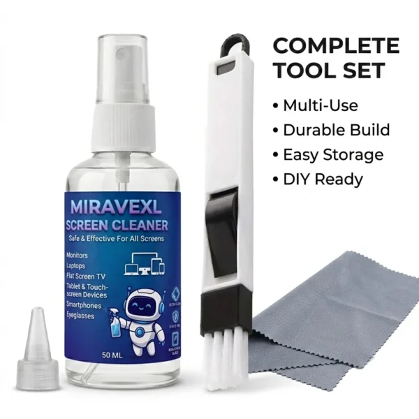 MIRAVEXL Bildschirmreiniger-Set 50ml - Sicheres Spray für Handys, Laptops, Fernseher & Brillen, mit Mikrofasertuch & Reinigungsbürste