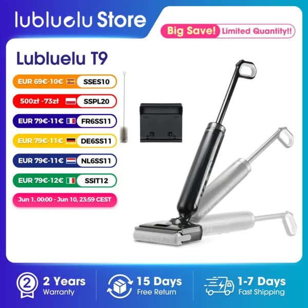 Lubluelu T9 Kabelloser Nass-Trocken-Staubsauger mit Wischfunktion, flach liegend, geräuscharm, schnelles Aufladen, 15000 Pa, 45 Minuten Laufzeit, Bodenreiniger für zu Hause