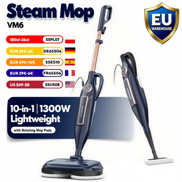 Dampfreiniger mit drehbarem Wischpad, 10-in-1, leichter Spin-Mop, 1300 W, leistungsstarker Bodendampfer für Zuhause, Hartholz, Laminat, VM6