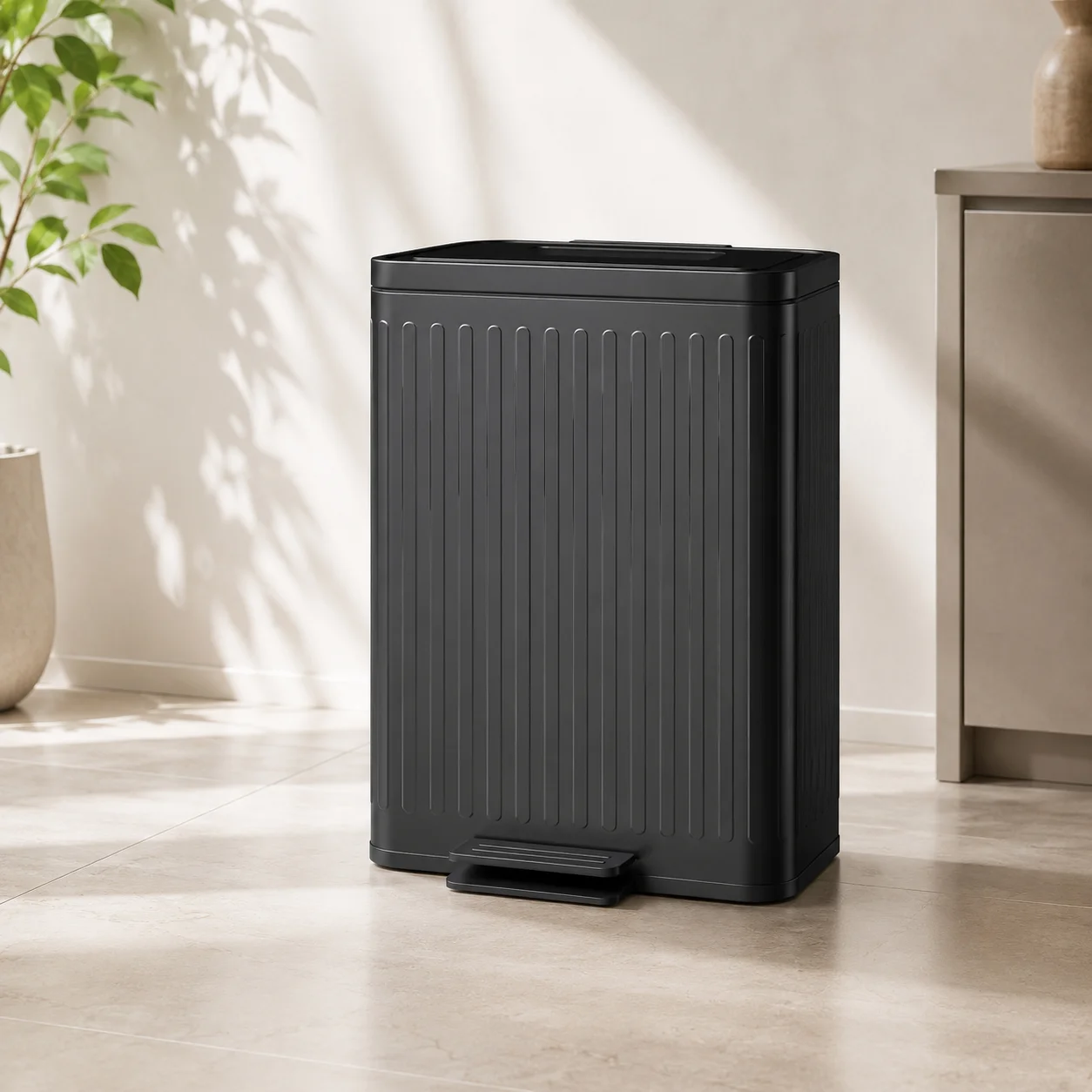 Doppelter 20L Küchenabfalleimer für effiziente Abfalltrennung. Mit Fußpedal, robustem Kunststoff- und Metallgehäuse in elegantem Schwarz. Doppelter 20L Küchenabfalleimer für effiziente Abfalltrennung. Mit Fußpedal, robustem Kunststoff- und Metallgehäuse in elegantem Schwarz.