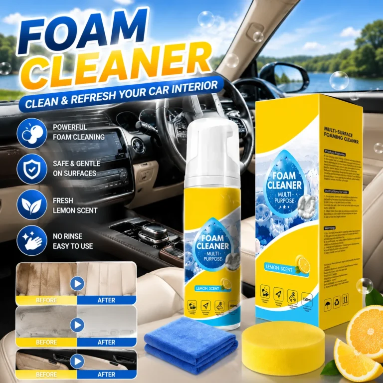 Auto-Mehrzweck-Schaumreiniger-Spray für den Innenraum mit Schwammtuch, Zitronenduft, für Ledersitze, Armaturenbrett, Stofffleckenentfernung.