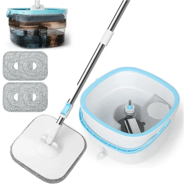 360 °   Wischmopp-Eimer-Sets mit Auswring-System, Mikrofaser-Ersatzbezüge, Haushalts-Bodenreinigung, 110-130cm Ausziehbarer Verstellbarer Griff