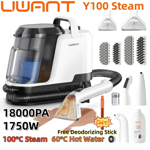 Uwant Y100 Dampfreiniger 18000Pa Teppichreiniger 1750W 100 ° C Steam 60 ° C Heißwasser-Selbstreinigungsgerät für Sofa, Auto, Schuhe, Tierhaare (Jetzt bestellen und kostenlosen Geruchsentferner-Stick erhalten)