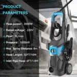Podofo 3000W Peak Power Electric High Pressure Washer,150BAR High Pressure 9L/min Flow,Multi-Scenario for Car/Deck/Driveway,Tool-Free Nozzle 2