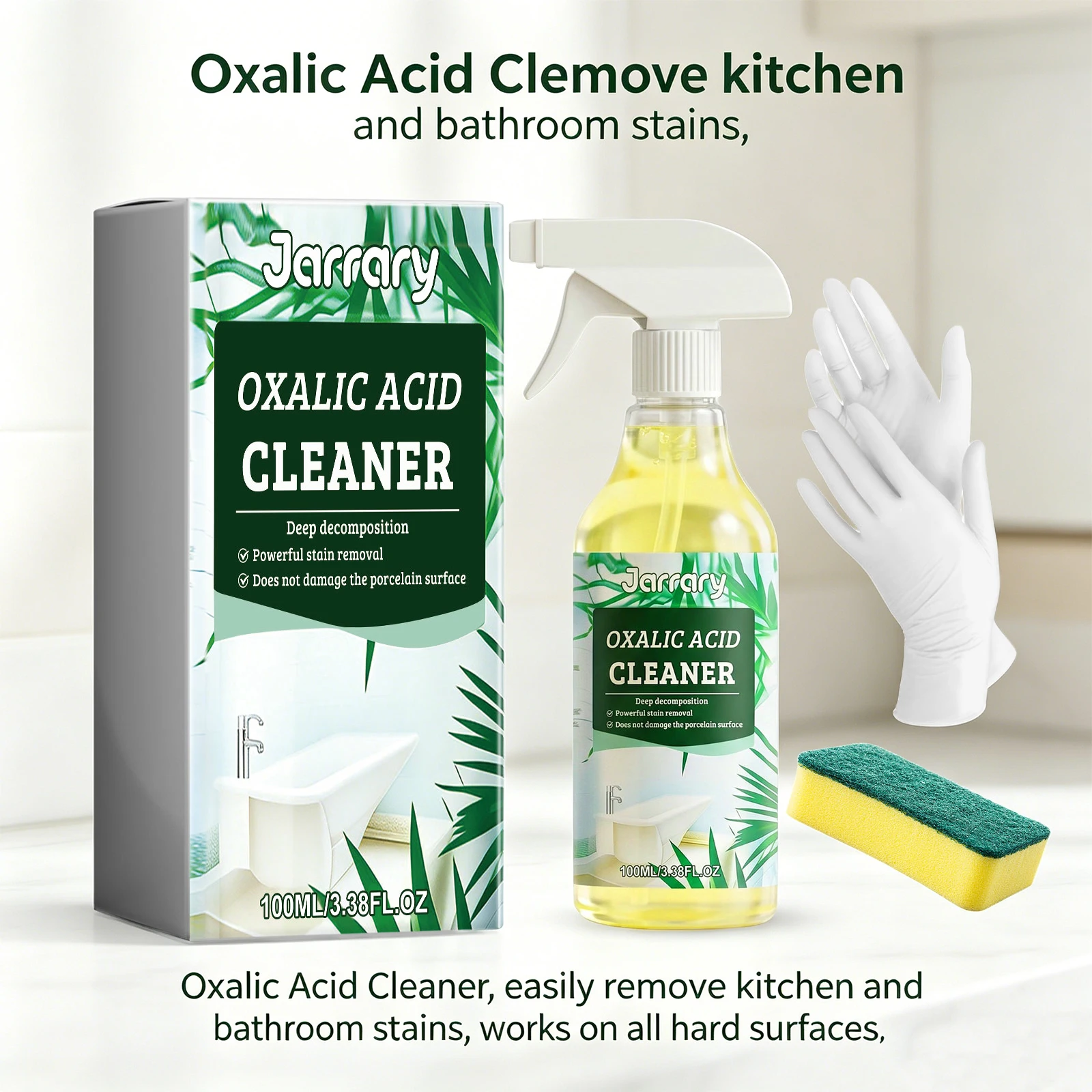 Oxalsäure-Reiniger 100ml Badezimmer & Küche Fleckenentferner mit Schwamm & Handschuhen für Toilette, Fliesen & Fugen Tiefenreinigungsspray Oxalsäure-Reiniger 100ml Badezimmer & Küche Fleckenentferner mit Schwamm & Handschuhen für Toilette, Fliesen & Fugen Tiefenreinigungsspray