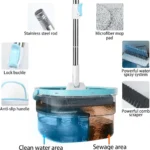 1 Satz freihändig bedienbarer, einziehbarer Reinigungs- und Schmutzabscheider-Rotationsmopp, 2,5-Liter-Moppeimer mit Doppelkammer, 360° drehbarer Moppkopf, geeignet für alle Arten von Böden. 7