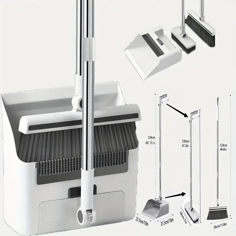 Haushaltsreinigungsset, Besen und Kehrschaufel, 3-in-1 Aufrechtes Kehrschaufel-, Besen- und Bürstenset mit integrierten Kammzähnen, A 180 °   Rotierender Bürstenkopf und Selbstreinigungsfunktion. Geeignet für Küchen, Badezimmer, Schlafsäle und Böden 2