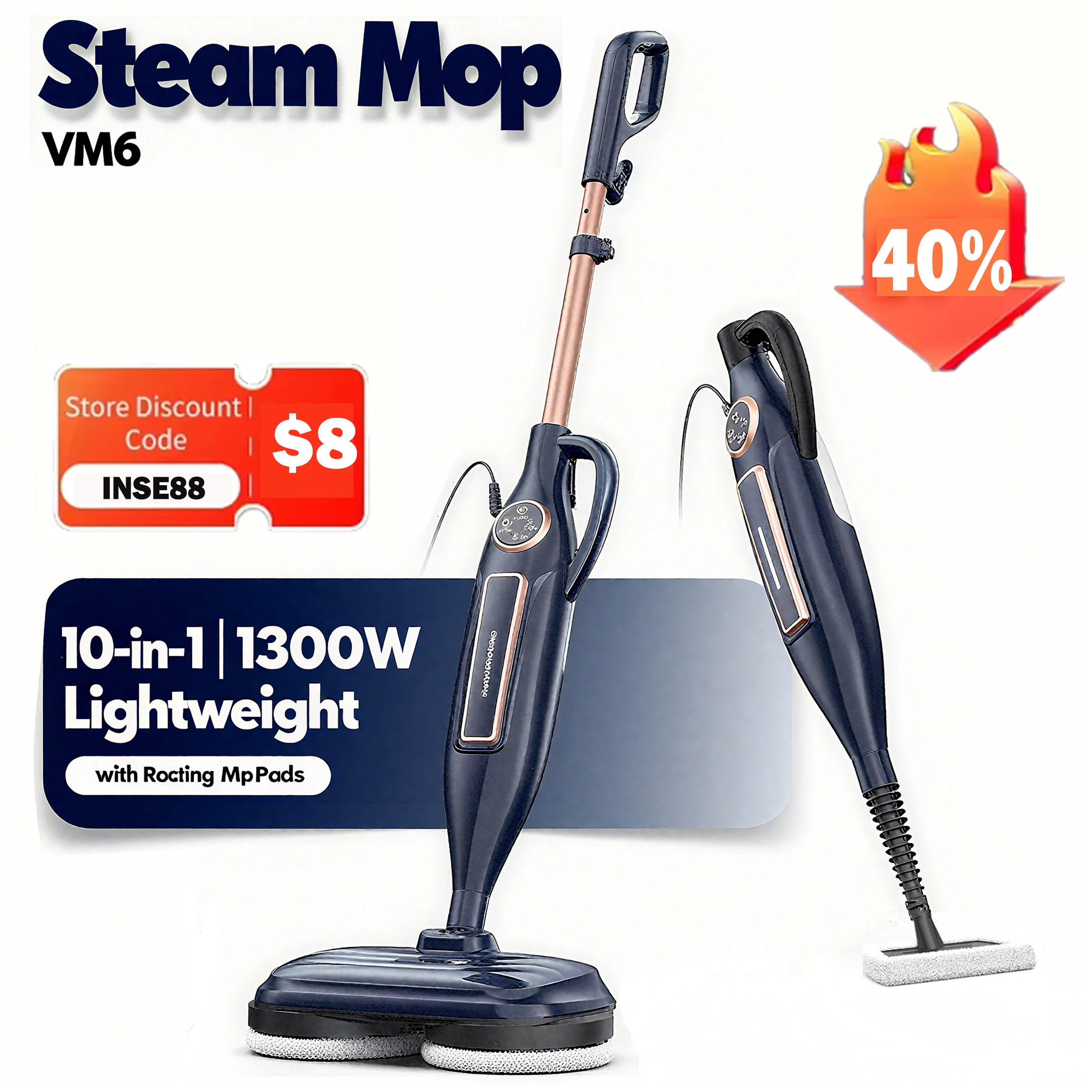 DEVOAC VM6 Dampfreiniger mit drehbarem Wischpad, 10-in-1, leichter Spin-Mop, 1300 W, leistungsstarker Bodendampfer für Zuhause, Hartholz DEVOAC VM6 Dampfreiniger mit drehbarem Wischpad, 10-in-1, leichter Spin-Mop, 1300 W, leistungsstarker Bodendampfer für Zuhause, Hartholz