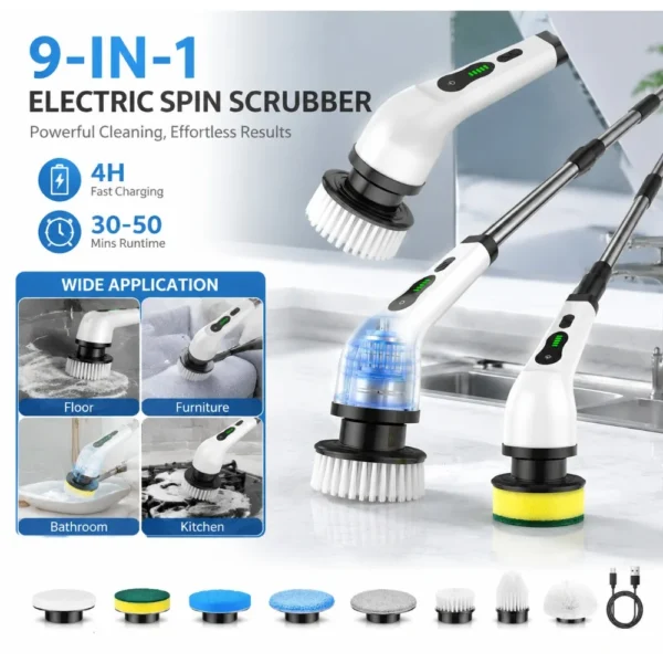 Multifunktionale elektrische Handreinigungsbürste – 9 austauschbare Bürstenköpfe, digitales Display, 4 Stunden Akkulaufzeit, 30-50 Minuten Betriebszeit, leistungsstarke Reinigungsbürste für Böden, Möbel, Badezimmer und Küchen, Tiefenreinigung für Ihr Zuhause.