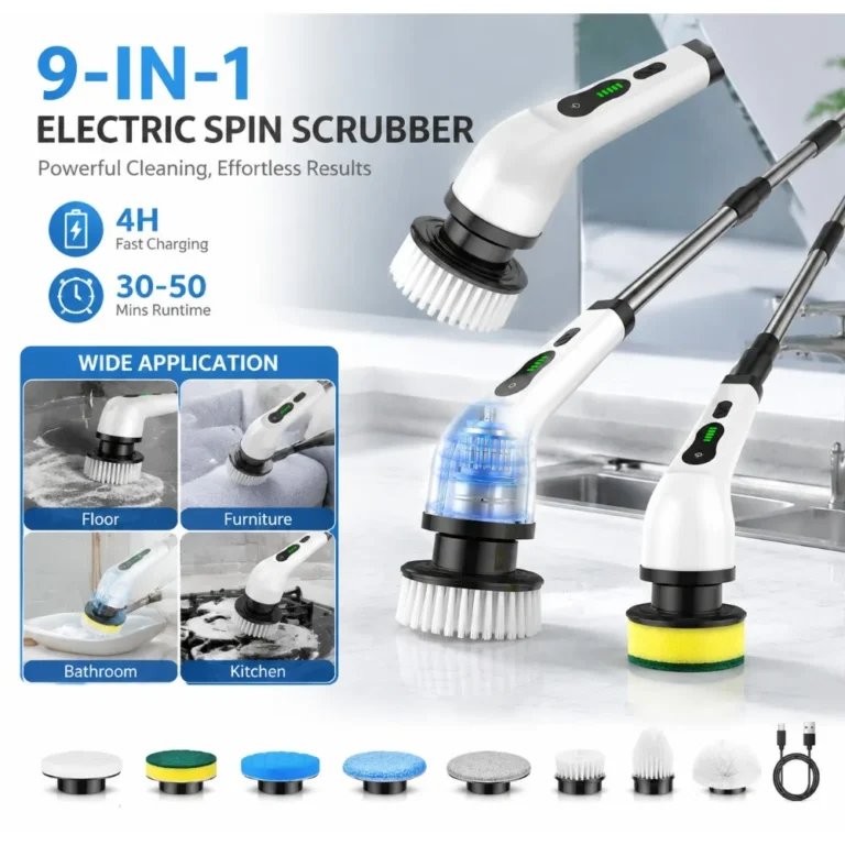 Multifunktionale elektrische Handreinigungsbürste – 9 austauschbare Bürstenköpfe, digitales Display, 4 Stunden Akkulaufzeit, 30-50 Minuten Betriebszeit, leistungsstarke Reinigungsbürste für Böden, Möbel, Badezimmer und Küchen, Tiefenreinigung für Ihr Zuhause.