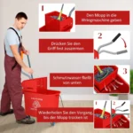 20 L Mopp-Eimer mit Auswringer und Griff, Wischmopp-Eimer auf Rädern, Kunststoff, Rot 6