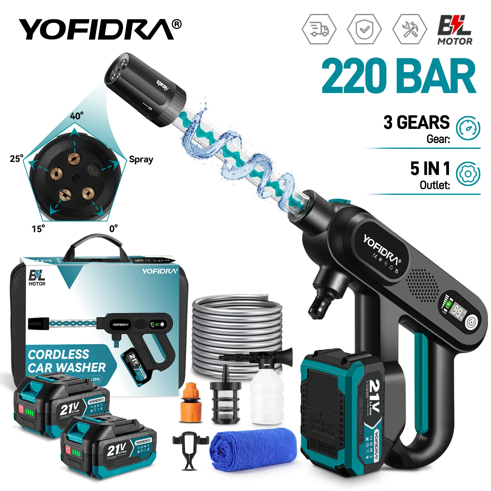 YOFIDRA 3-Gang Bürstenloser Hochdruck-Autowaschpistole 220 Bar Elektrische Wasch- und Sprühpistole für Makita 21V Akku YOFIDRA 3-Gang Bürstenloser Hochdruck-Autowaschpistole 220 Bar Elektrische Wasch- und Sprühpistole für Makita 21V Akku