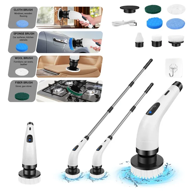 BRIEFNESS Kabellose elektrische Reinigungsbürste, wasserdicht, rotierend, 2 Geschwindigkeiten, Teleskopstiel, 7 auswechselbare Bürstenköpfe, 300/400 U/min, für Bad, Fliesen, Boden, Auto, schwarz, USB-Ladung