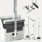 Haushaltsreinigungsset, Besen und Kehrschaufel, 3-in-1 Aufrechtes Kehrschaufel-, Besen- und Bürstenset mit integrierten Kammzähnen, A 180 °   Rotierender Bürstenkopf und Selbstreinigungsfunktion. Geeignet für Küchen, Badezimmer, Schlafsäle und Böden 2
