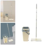 Flacher Wischmopp mit langem Griff, MoppEimerSet für die Bodenreinigung, freistehende Aufstellung, 360°drehbarer Moppkopf, Eimer aus ABSKunststoff, FaserWischpads, 10 Wischtücher 4