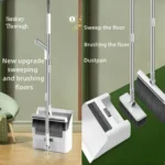 Haushaltsreinigungsset, Besen und Kehrschaufel, 3-in-1 Aufrechtes Kehrschaufel-, Besen- und Bürstenset mit integrierten Kammzähnen, A 180 °   Rotierender Bürstenkopf und Selbstreinigungsfunktion. Geeignet für Küchen, Badezimmer, Schlafsäle und Böden 6