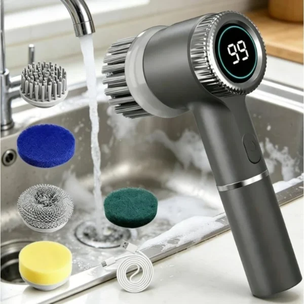 Elektrische Reinigungsbürste mit 5 Bürstenköpfen, LED-Anzeige, multifunktional, leistungsstark, für Küche, Badezimmer, Toilette
