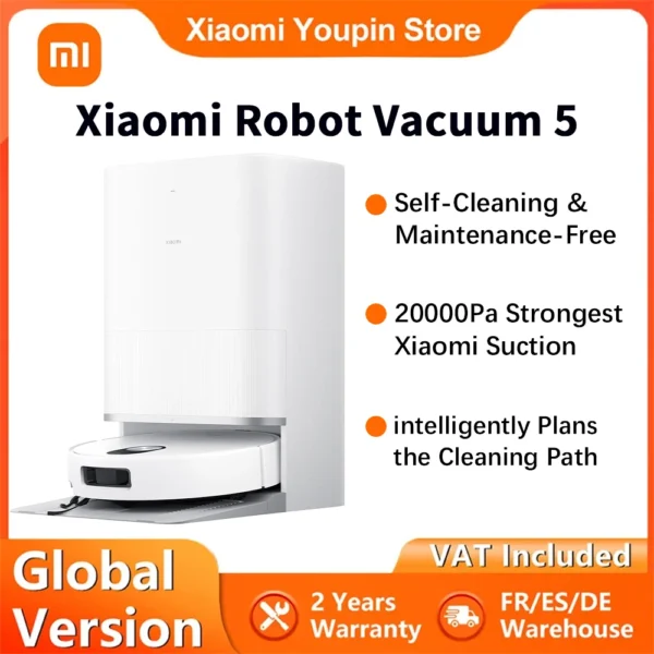 Globale Version Xiaomi Roboterstaubsauger 5 mit 20000Pa Saugkraft, ausziehbarem Wischmopp und Seitenbürste, selbstreinigend, neuestes Modell 2025