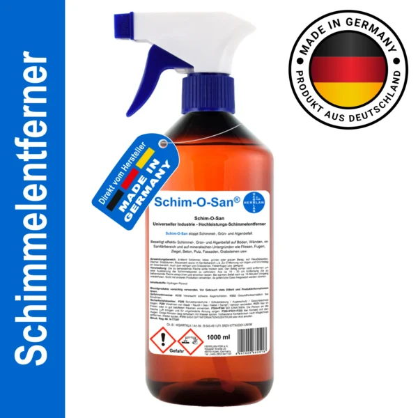HERRLAN® Schim-O-San Schimmelentferner Spray – 1000 ml Sprühflasche – Schimmelspray für Bad, Fugen, Wand & Fassade