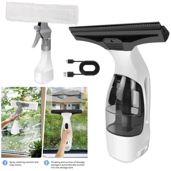Kabelloser Fensterstaubsauger, wiederaufladbarer Staubsauger, kompakter elektrischer Fensterreiniger 2IN1, mit 300 ml Sprühflasche