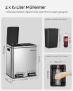 30L Mülleimer Mülltrennung Mülltrennsysteme mit 2 Inneneimern Treteimer für Küche Edelstahl 2 x 15L LTB30H 6