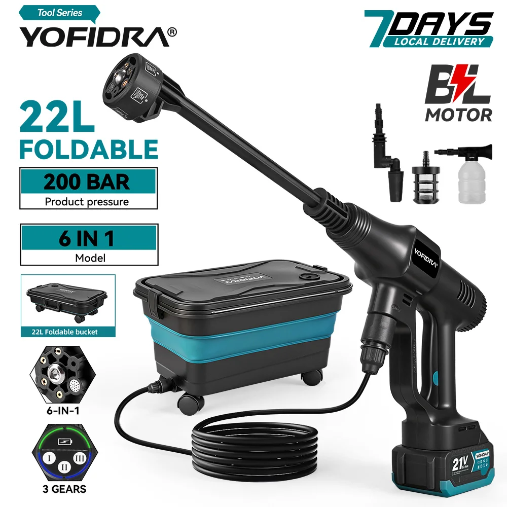 YOFIDRA 6-in-1 200 Bar Bürstenloser Hochdruck-Autowascher Wasserpistole Reinigungs-Sprühpistole Gartenwerkzeug für Makita 21V Akku 2