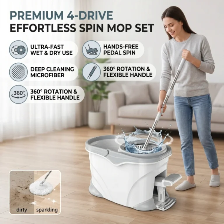 4-teiliges Rotierendes Wischmopp-Set mit Pedal, Langlebiger Edelstahlgriff, Praktischer Wischmopp-Eimer für Hausarbeit und Bodenreinigung