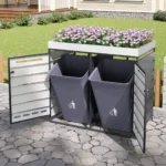 Gartenabfallbehälter, Abfallbehälter-Aufbewahrungseinheiten mit Blumenkästen, Metall-Gartenschränke, abschließbar, Holzmaserung-Finish 5