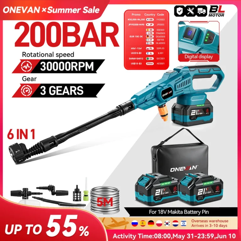 ONEVAN 200Bar Bürstenlose Hochdruckreiniger Pistole 3500W 6in1 Cordless Spritzpistole Auto Garten Waschmaschine Werkzeug Für makita 18V Batterie Pin